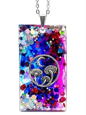 Blue Purple Ink Stained Glass Inspired Glitter Silver Mushroom Necklace